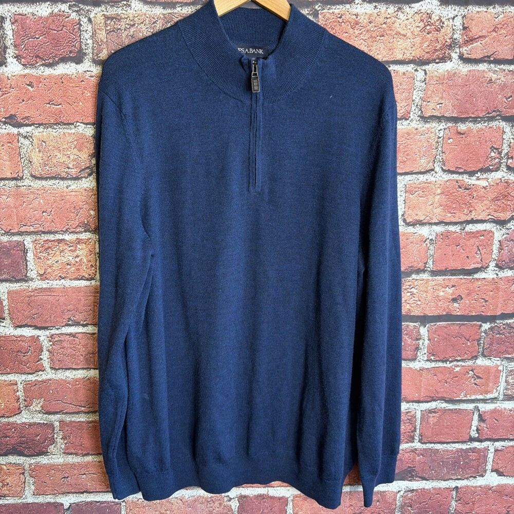 Jos A Bank Mens 2XLT Blue Tailored Fit 100% Merino Wool 1/4 Quarter Zip Sweater